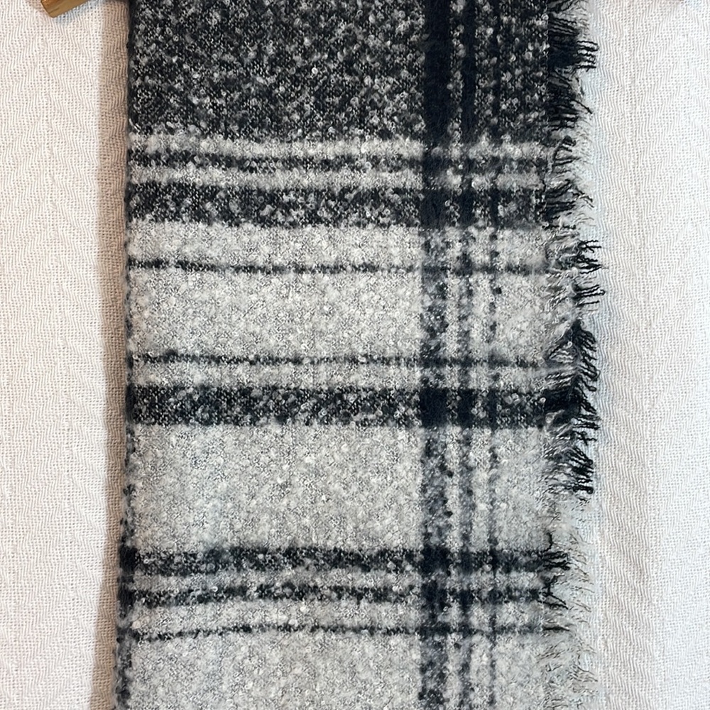 Black Gray & White Plaid Soft Boucle Fringed Winter Large Wrap Scarf- 23x90”